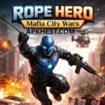 "Rope Hero: Mafia City Wars – superhero in armored suit fighting enemies in explosive city"
