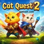 Hero cat and dog fighting enemies in the colorful world of Cat Quest 2.