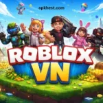 Colorful ROBLOX VN feature image showing animated characters, virtual world elements, coins, treasure chest, and adventure theme background.