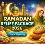 Happy family receiving Ramadan Relief Package 2026 with coins, cash, and Ramadan decorations.