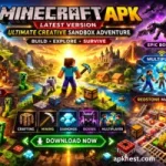 Minecraft APK promotional image showing creative and survival gameplay with colorful block-based landscapes.