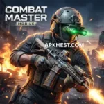 Combat Master Mobile soldier holding rifle in action battlefield with fire background