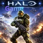Master Chief standing in a high action battlefield with the Halo Game logo and apkhest.com watermark.