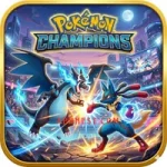 Charizard and Mega Lucario battling in a futuristic stadium with 'Pokémon Champions' logo
