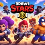 Characters fighting in Brawl Stars battle scene.