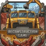 A construction themed game logo featuring a yellow bulldozer, excavator, and Reconstruction Game text in a bold, industrial style.