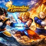 Dragon Ball Legends characters fighting with energy attacks.