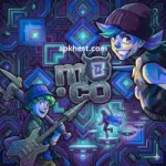 A stylized anime style illustration of Mo.co characters with a vibrant neon geometric background.