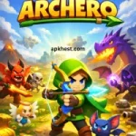 Archero hero fighting dragon and monsters in fantasy world.