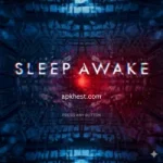 A 200x200 square icon for "Sleep Awake" featuring glitchy white text over a dark blue symmetrical tunnel with a glowing red center.
