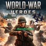 Soldiers fighting in a World War II battlefield with guns explosions tanks and warplanes under the title World War Heroes.