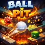 BALL x PIT mobile game showing a white ball bouncing over fiery pits with enemies and obstacles