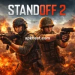 Two soldiers in a Standoff 2 battle, firing rifles and pistols in a fiery urban warzone, showing action-packed multiplayer gameplay.