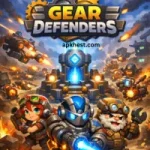 Gear Defenders game showing heroes defending their base with machines and robots in a colorful battle scene