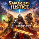 Sword of Justice fantasy RPG heroes fighting with swords and magic in a fiery battle scene