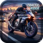 A cinematic action shot of a sports motorcycle racing on a city highway at sunset with Traffic Rider text.