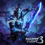 A legendary shadow warrior from Shadow Fight 3 wearing glowing blue armor and wielding a flaming shadow sword.