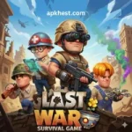 Four cartoon-style soldiers posing in a post-apocalyptic city with the Last War: Survival Game logo.