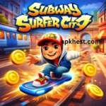 Subway Surfer City 2026 gameplay with main character running on hoverboard, collecting coins in colorful city streets