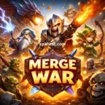 Fantasy battle scene from Merge War game with warriors, magic, and monsters