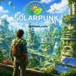 Solarpunk game futuristic green city with nature and solar energy