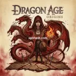 Dragon Age Origins fantasy game artwork featuring a dark magical character with red shadow effects and logo